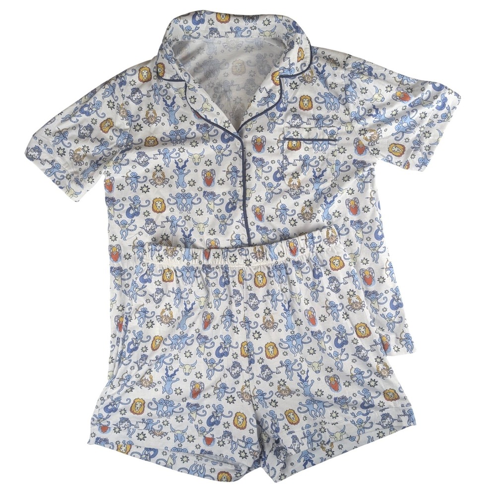 Zodiac Monkey Celestial Print Pajama Set Blue White Short Sleeve Shorts‎ 2PC L